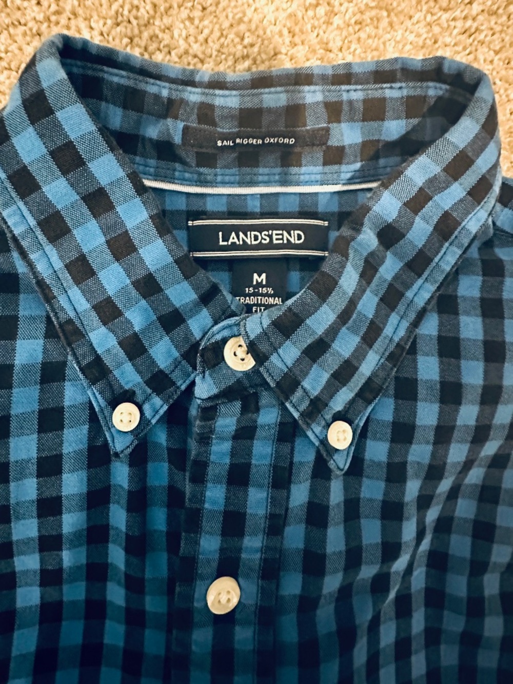Land’s End Men’s SZ M Sail Rigger Oxford Blue Check Button Down Shirt